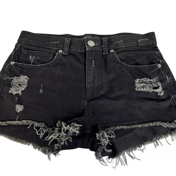 Express Jeans Womens Black Hem Ripped Distressed Denim Cut Off Shorts Size 4 - Picture 4 of 11